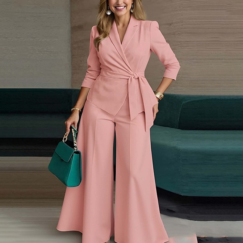 Women's Suit Set Solid Colour Lace Up Jacket And Trousers Two-piece_voghion.com