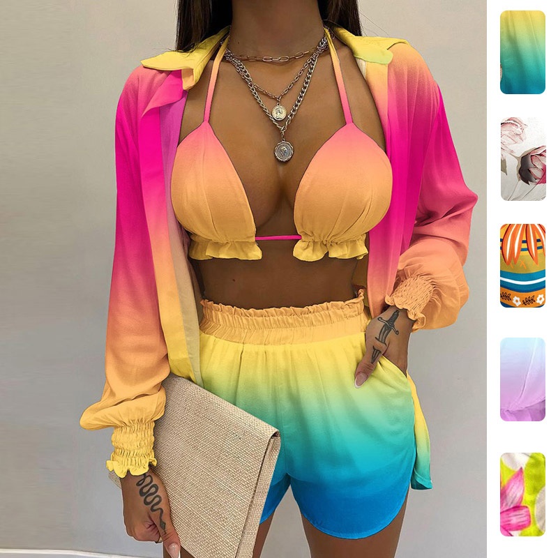 Completo da donna a tre pezzi, modello top e shorts stampati, stile europeo-americano, primavera 2026, nuovo, per donna._voghion.com