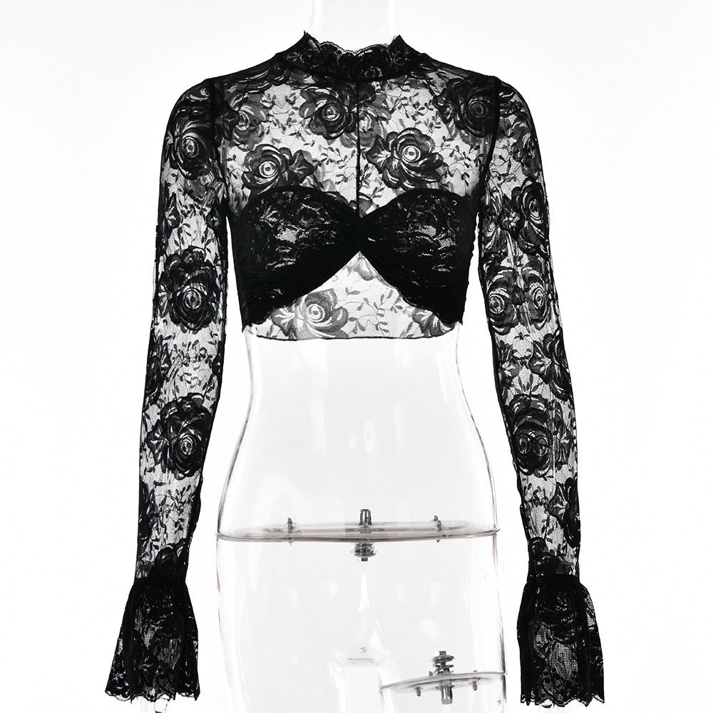 European And American Cross-Border Autumn New Sexy Hot Girl Hook Pattern See-Through Women's T-Shirt Fashion Slim Fit_voghion.com