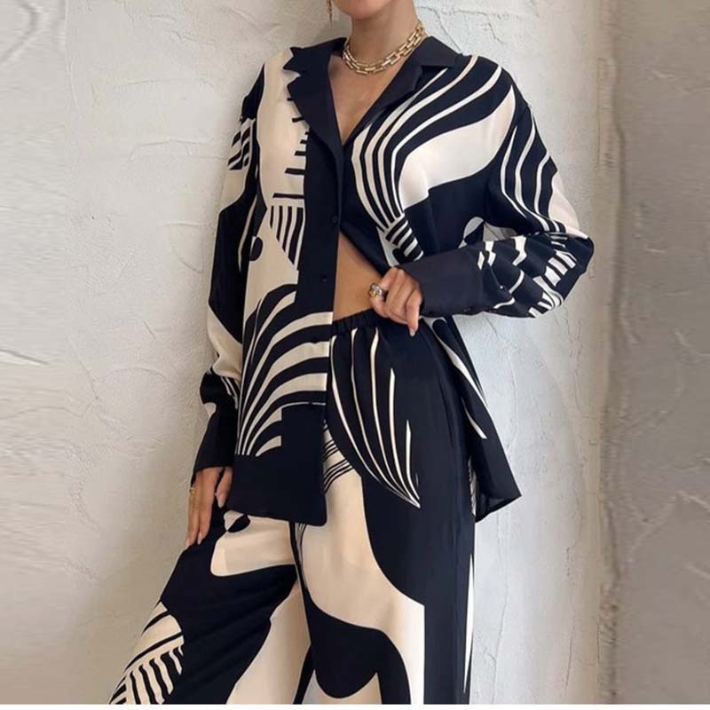 Women's Set Printed Long Cardigan And Straight Pants Set_voghion.com