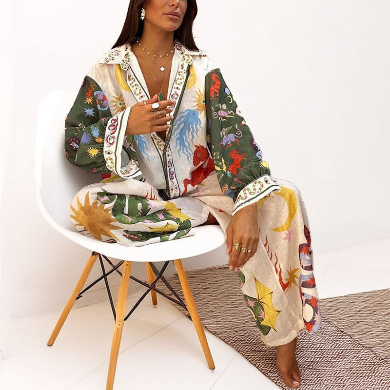 Set elegante camicia e pantaloni a gamba larga donna stampato_voghion.com