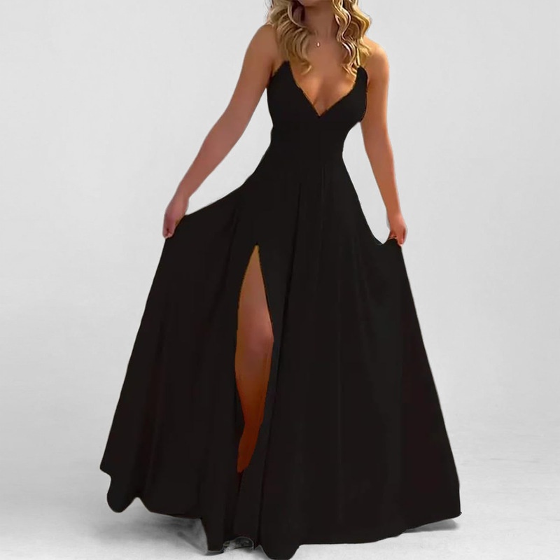Elegant Women's Dress Slim Fit Strappy Solid Colour Ruffle Slit_voghion.com