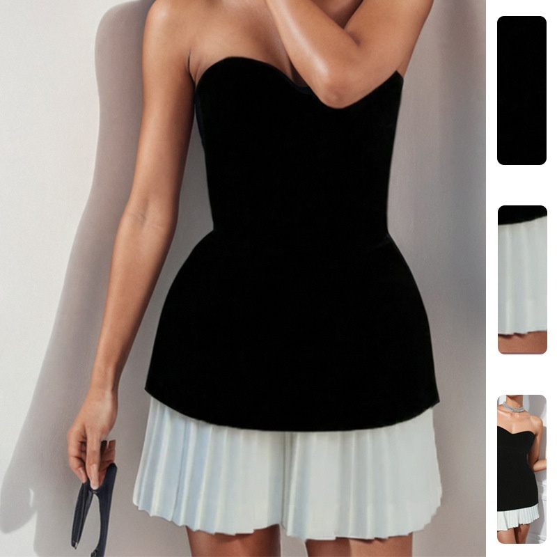 2026 Spring New Women's Clothing European And American Cross-Border Dress Elegant Chanel-Style Strapless Gown Pleated_voghion.com