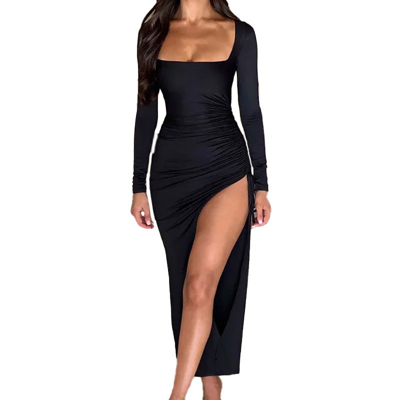 Cross-border 2026 Spring New European And American Women's Fashion Solid Color Sexy Ruched High-Waisted Slit Bodycon_voghion.com