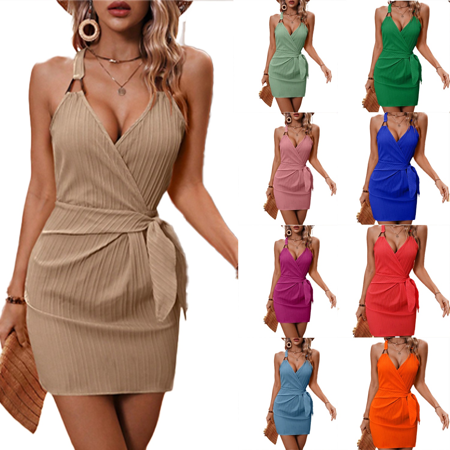 Abito con scollo a V e spalline sottili, stile vacanza isolana, disponibile in pronta consegna per l'estate._voghion.com