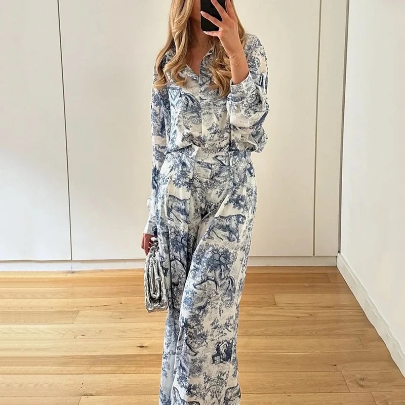 2026 Spring New Cross-Border European American Women's Loose-Fit Printed Long-Sleeve Shirt And Pants Casual Fashion Set_voghion.com
