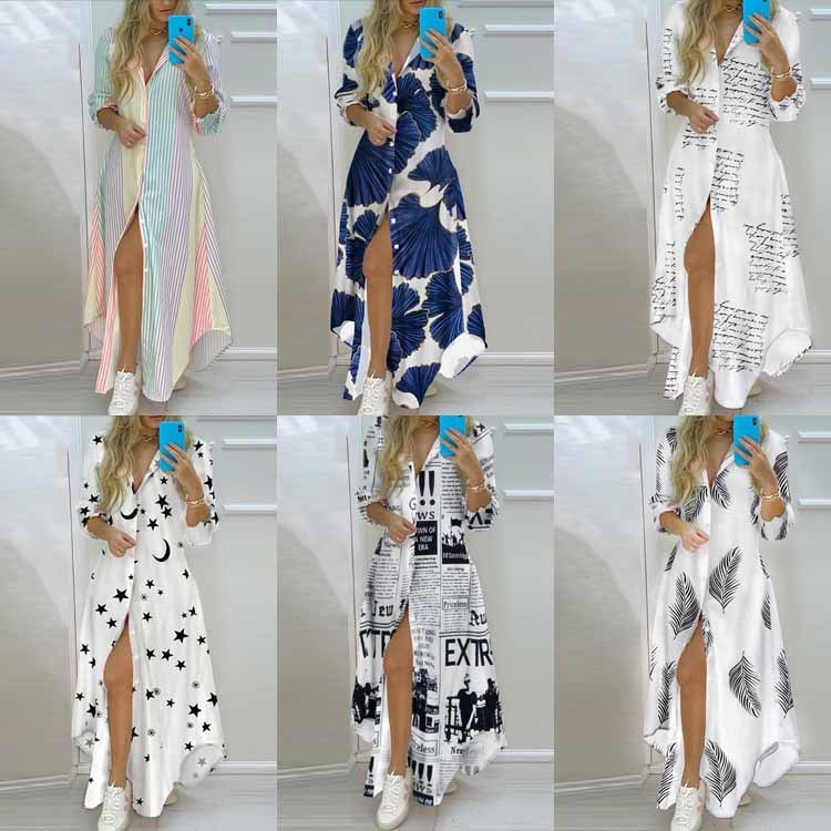 Lente 2026 Nieuwe grensoverschrijdende Europese en Amerikaanse damesmode Elegante bedrukte, enkelvoudige blouse met split Lange jurk_voghion.com