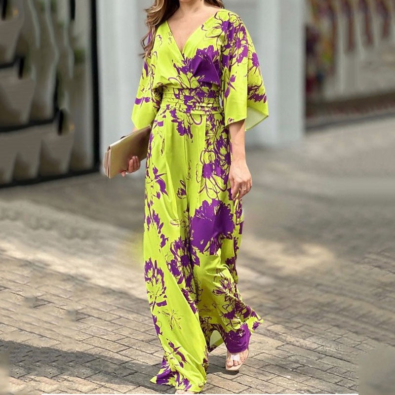 Coleção Primavera 2026: Moda feminina transfronteiriça europeia e americana, elegante, estampada, com mangas morcego e cintura alta._voghion.com