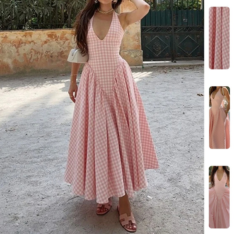 2026 Spring New European And American Women's Fashion Elegant Ins Style Halter V-Neck Pleated Waist French Dress_voghion.com