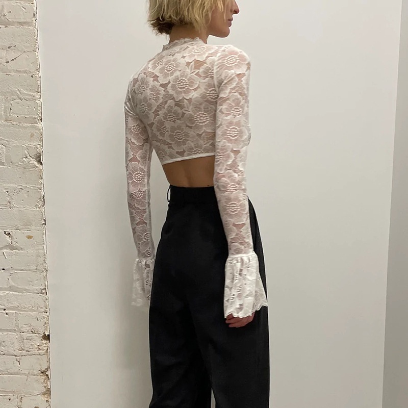 European And American Cross-Border Autumn New Sexy Hot Girl Hook Pattern See-Through Women's T-Shirt Fashion Slim Fit_voghion.com