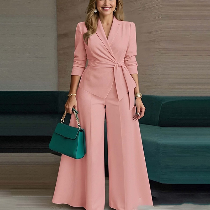 Women's Suit Set Solid Colour Lace Up Jacket And Trousers Two-piece_voghion.com