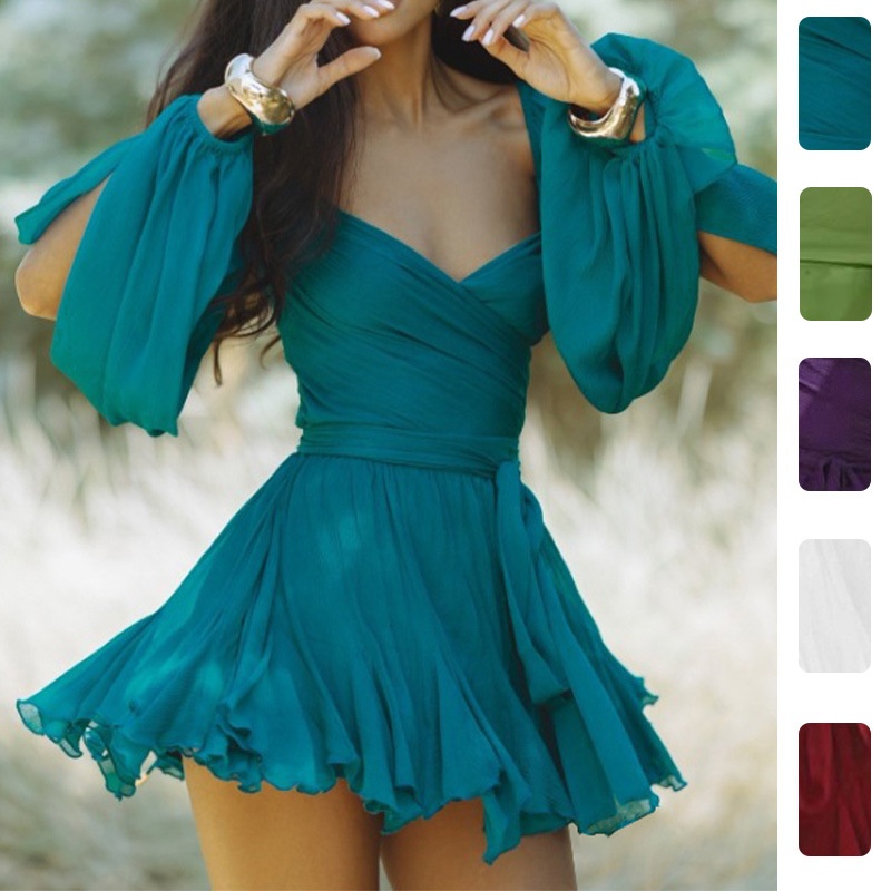 2026 Spring New Cross-Border European And American Women's Fashion V-Neck Solid Color Sexy Elegant Pleated Dress_voghion.com