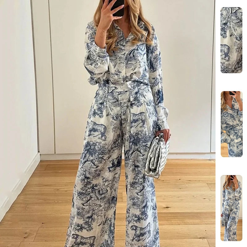 2026 Spring New Cross-Border European American Women's Loose-Fit Printed Long-Sleeve Shirt And Pants Casual Fashion Set_voghion.com