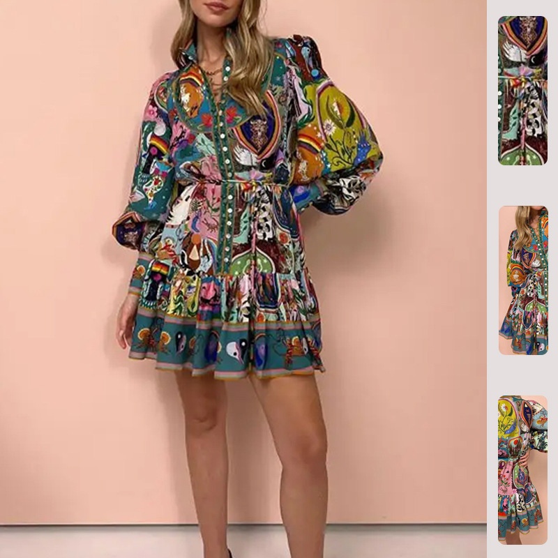 2026 Spring New Women's Clothing Cross-Border European And American Dresses Ruffled Waist-Cinching Vintage Short Dress_voghion.com