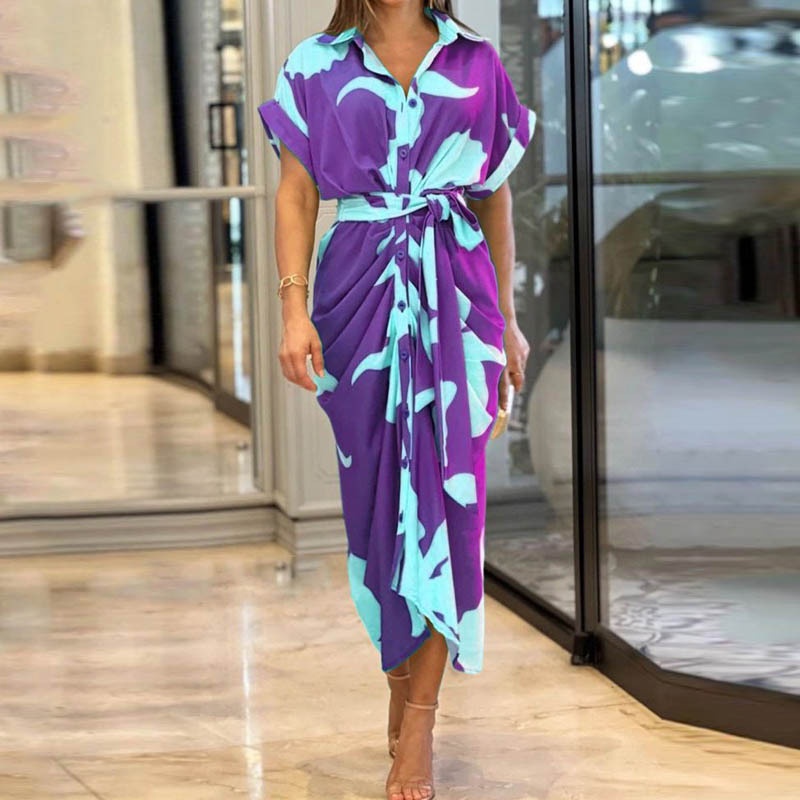 Abito camicia lungo donna a vita alta con colletto classico_voghion.com
