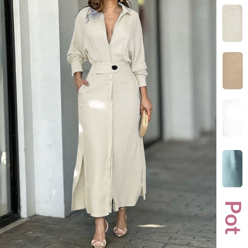 2026 Spring New Women's Fashion European And American Export Dress, Collared, Waist-Cinching, Tie-Waist, Solid Color_voghion.com