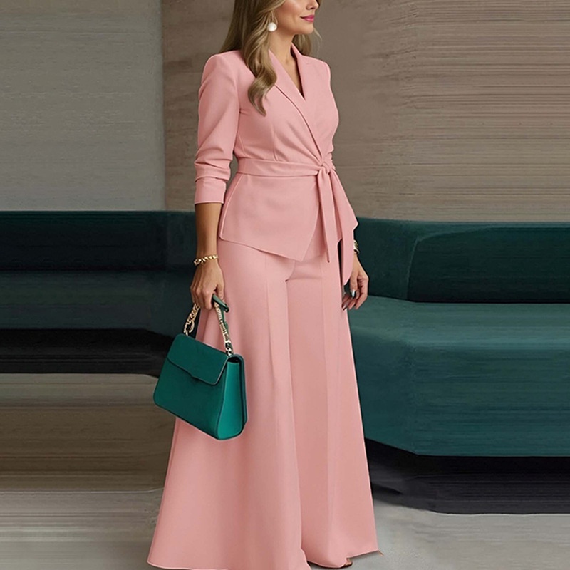 Women's Suit Set Solid Colour Lace Up Jacket And Trousers Two-piece_voghion.com