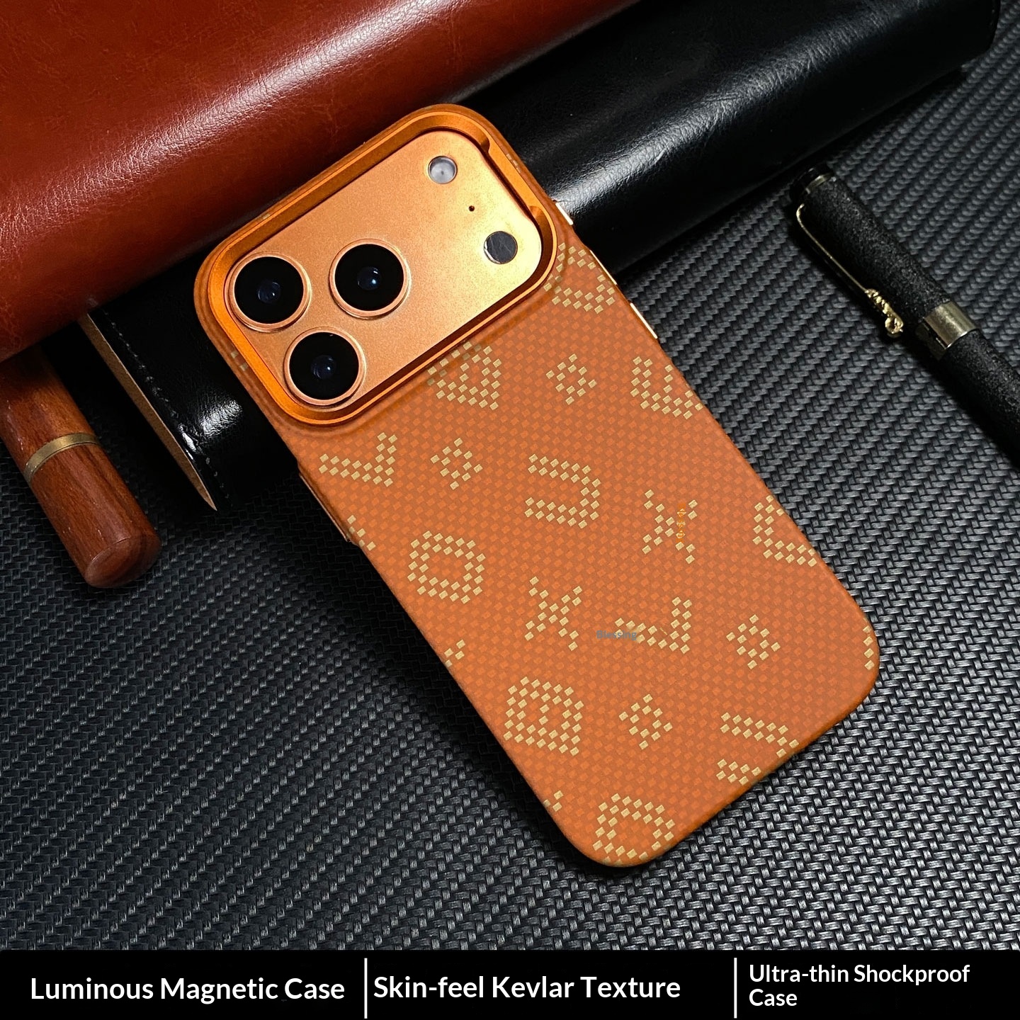 Coque magnétique lumineuse en fibre de carbone pour iPhone 17 Pro Max avec protection d'objectif en métal (16 pouces)._voghion.com