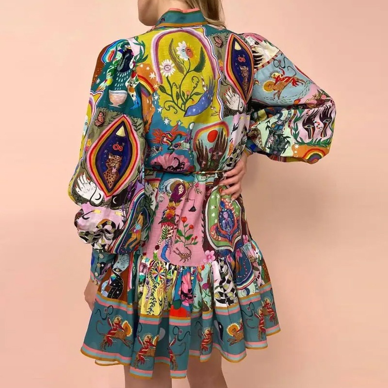2026 Spring New Women's Clothing Cross-Border European And American Dresses Ruffled Waist-Cinching Vintage Short Dress_voghion.com