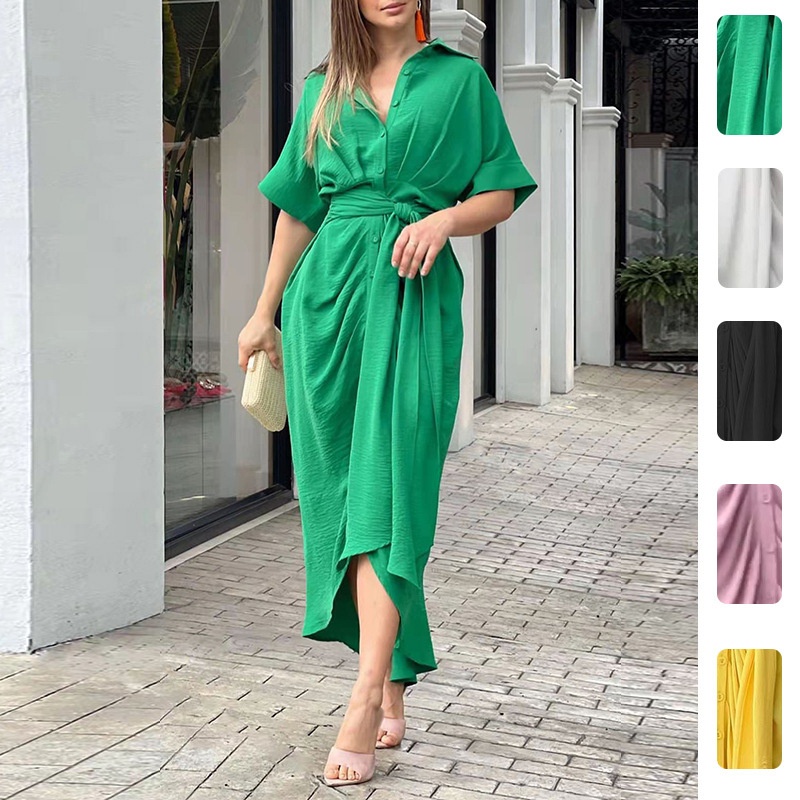 Nuovo abito chemisier lungo a vita alta con colletto a risvolto, stile europeo e americano, primavera 2026, nuova collezione donna._voghion.com