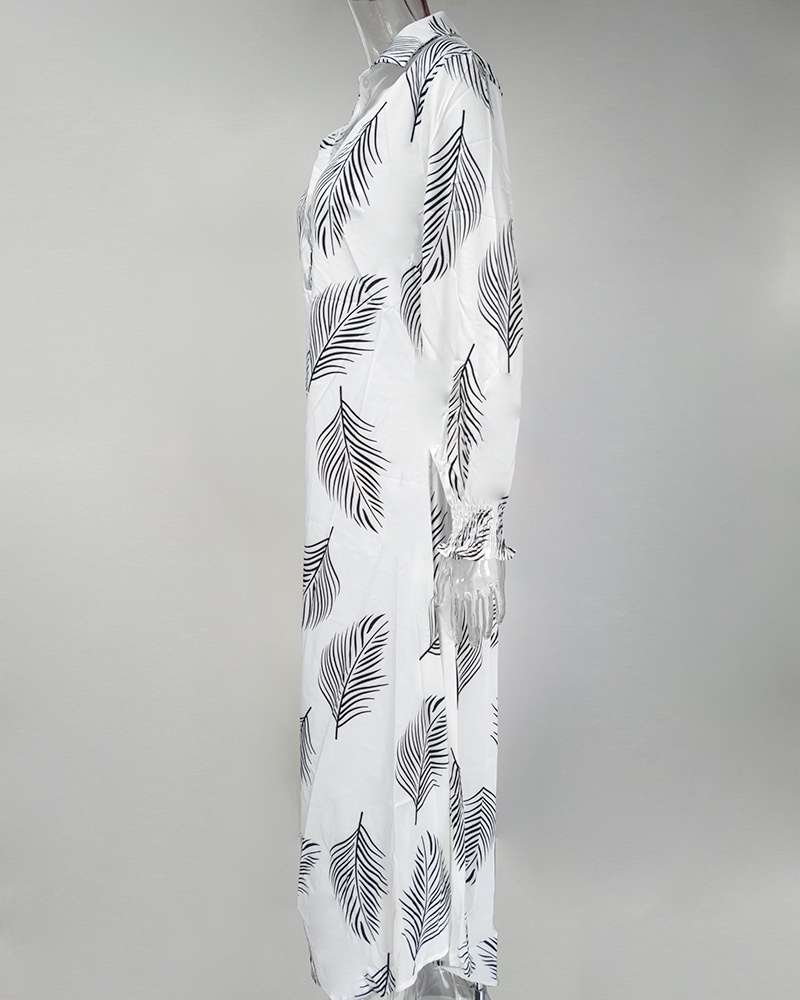 Elegante bedrukte lange overhemdjurk met split voor dames grote maten_voghion.com