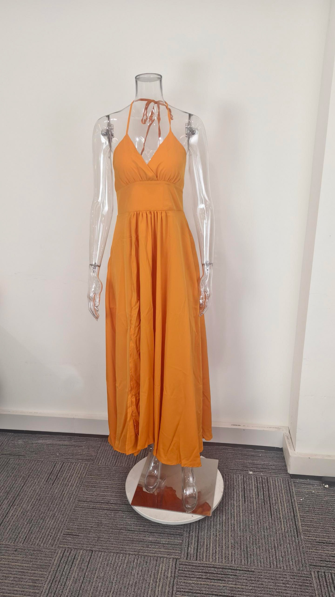 Elegant Women's Dress Slim Fit Strappy Solid Colour Ruffle Slit_voghion.com