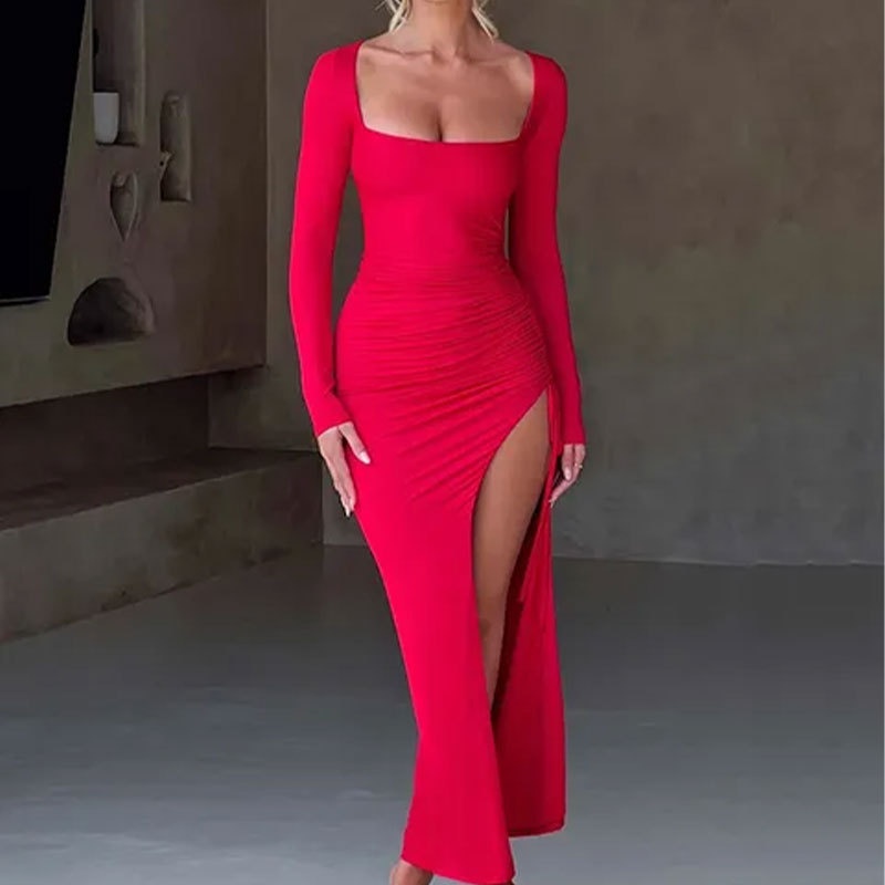 Cross-border 2026 Spring New European And American Women's Fashion Solid Color Sexy Ruched High-Waisted Slit Bodycon_voghion.com