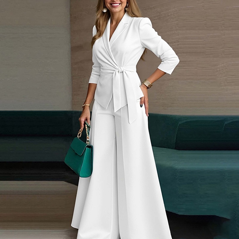 Women's Suit Set Solid Colour Lace Up Jacket And Trousers Two-piece_voghion.com