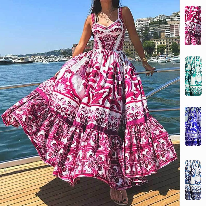 Frühjahr 2026 – Neue Damenbekleidung im europäischen und amerikanischen Stil: Langes, bedrucktes Trägerkleid mit Falten, taillierter Rüschensaum und Rüschenbesatz._voghion.com