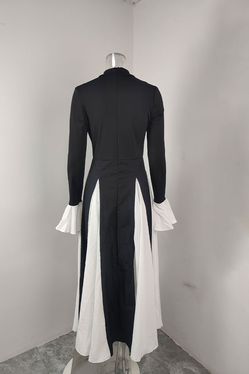 Elegant plus size-klänning för kvinnor med kontrasterande klockärmar_voghion.com