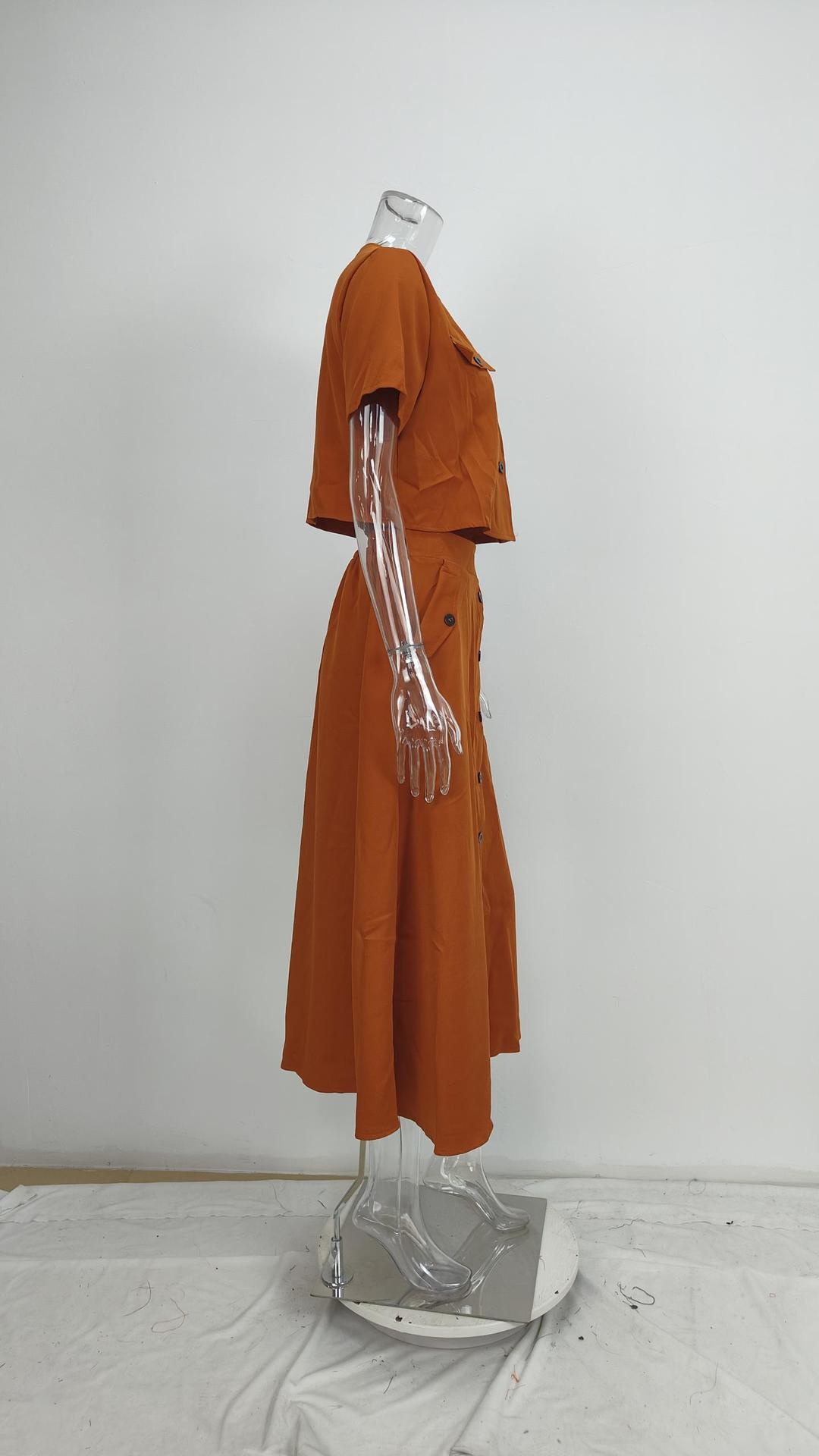 Conjunto elegante de mulher com top de cor sólida e saia chic_voghion.com