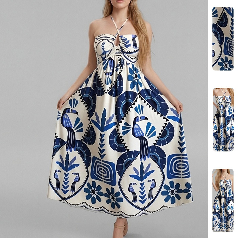 2026 Spring New Independent Station European And American Women's Fashion Elegant Printed Hollow Out Large Hem Halter_voghion.com