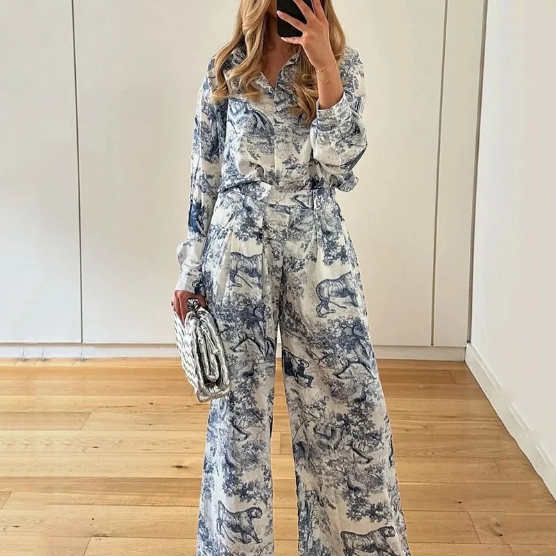 2026 Spring New Cross-Border European American Women's Loose-Fit Printed Long-Sleeve Shirt And Pants Casual Fashion Set_voghion.com