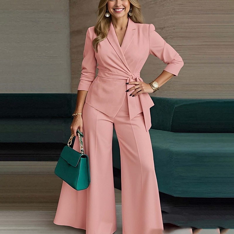 Women's Suit Set Solid Colour Lace Up Jacket And Trousers Two-piece_voghion.com