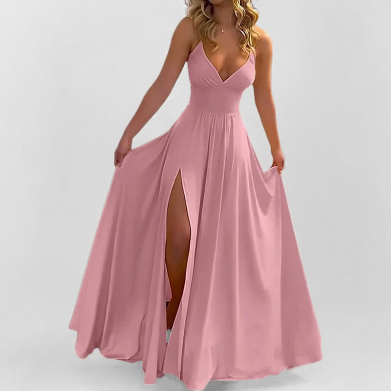 Elegant Women's Dress Slim Fit Strappy Solid Colour Ruffle Slit_voghion.com