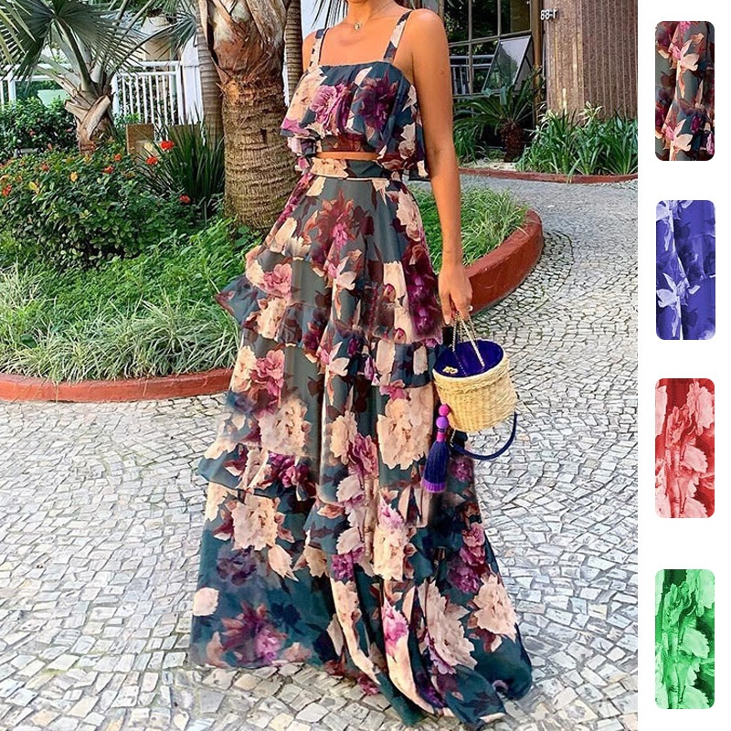 2026 New European American Women's Beach Vacation Style Printed Two-Piece Set: Camisole Top And Tiered Long Skirt Outfit_voghion.com