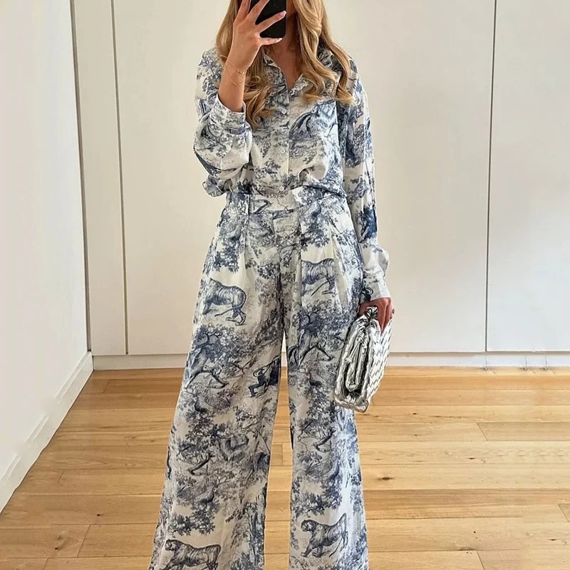 2026 Spring New Cross-Border European American Women's Loose-Fit Printed Long-Sleeve Shirt And Pants Casual Fashion Set_voghion.com