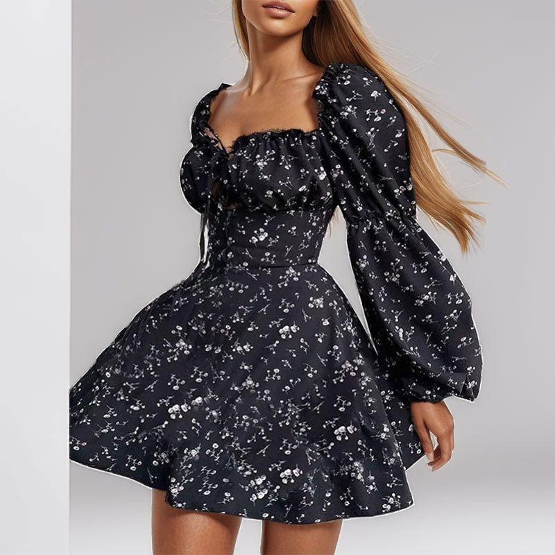 2026 Spring New Cross-Border European And American Women's Fashion Elegant Floral Slim-Fit Waist-Cinching Long-Sleeve_voghion.com