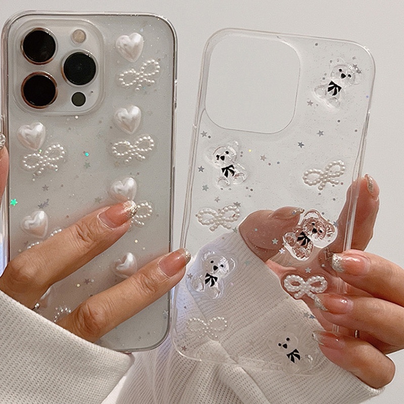 Suitable For IPhone 17 3D Resin Bear Phone Case, 16/15 Heart XR Pearl XS Max Soft Case_voghion.com