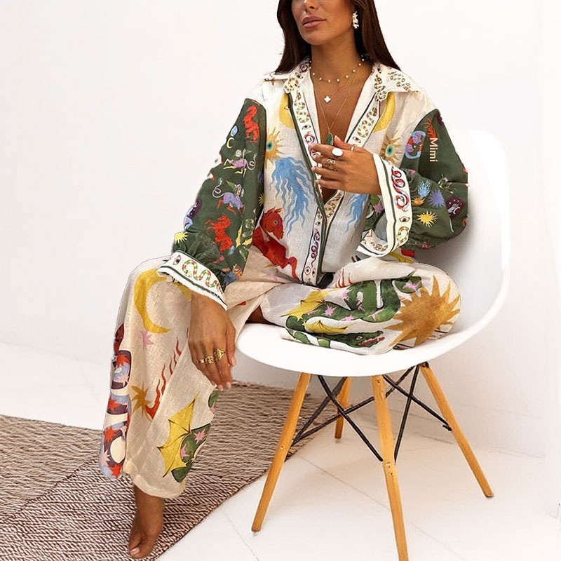 Set elegante camicia e pantaloni a gamba larga donna stampato_voghion.com