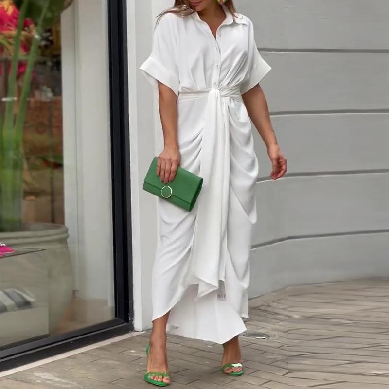 Nuovo abito chemisier lungo a vita alta con colletto a risvolto, stile europeo e americano, primavera 2026, nuova collezione donna._voghion.com