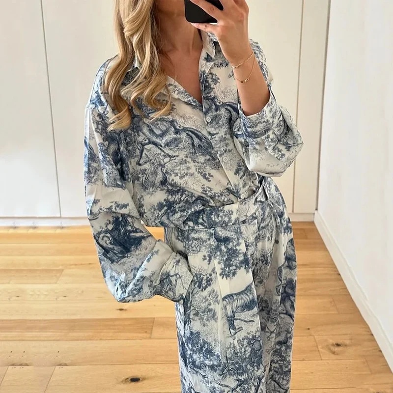 2026 Spring New Cross-Border European American Women's Loose-Fit Printed Long-Sleeve Shirt And Pants Casual Fashion Set_voghion.com
