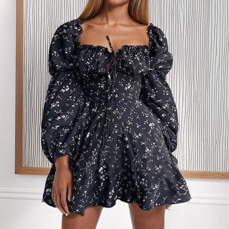 2026 Spring New Cross-Border European And American Women's Fashion Elegant Floral Slim-Fit Waist-Cinching Long-Sleeve_voghion.com