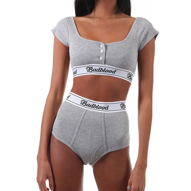 Badblood Short Sleeve European And American Style Dance Yoga Sports Button Square Neck T-Shirt Women's Triangle Pants_voghion.com