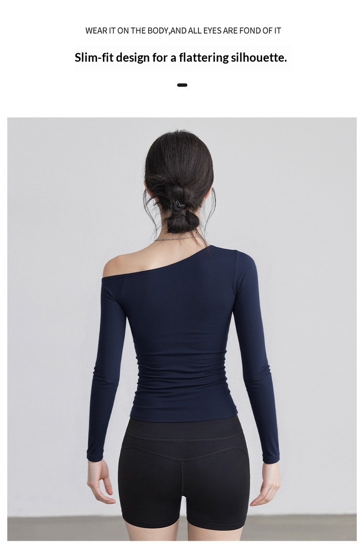 Nieuwe yogakleding voor dames: T-shirt met lange mouwen, schuine kraag, off-shoulder top, afslankende bodysuit, sporttraining_voghion.com