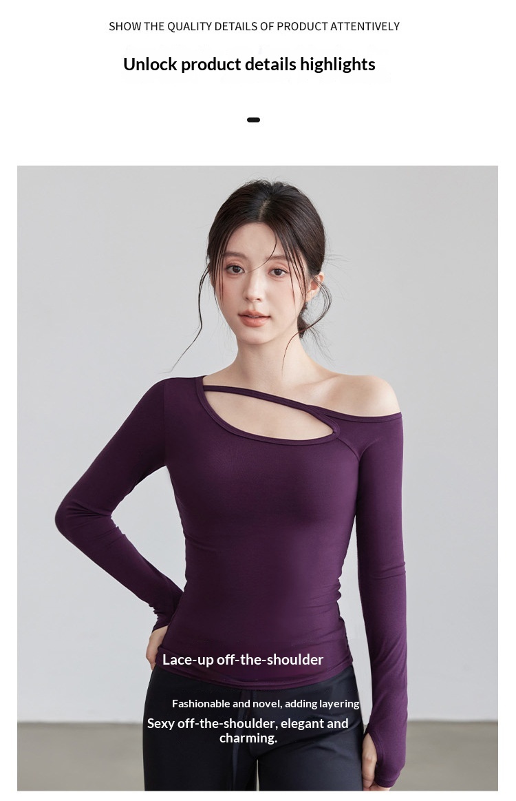 Nuova maglietta a maniche lunghe da yoga per donna, modello autunnale con colletto obliquo, top a spalle scoperte, snellente e monopezzo._voghion.com