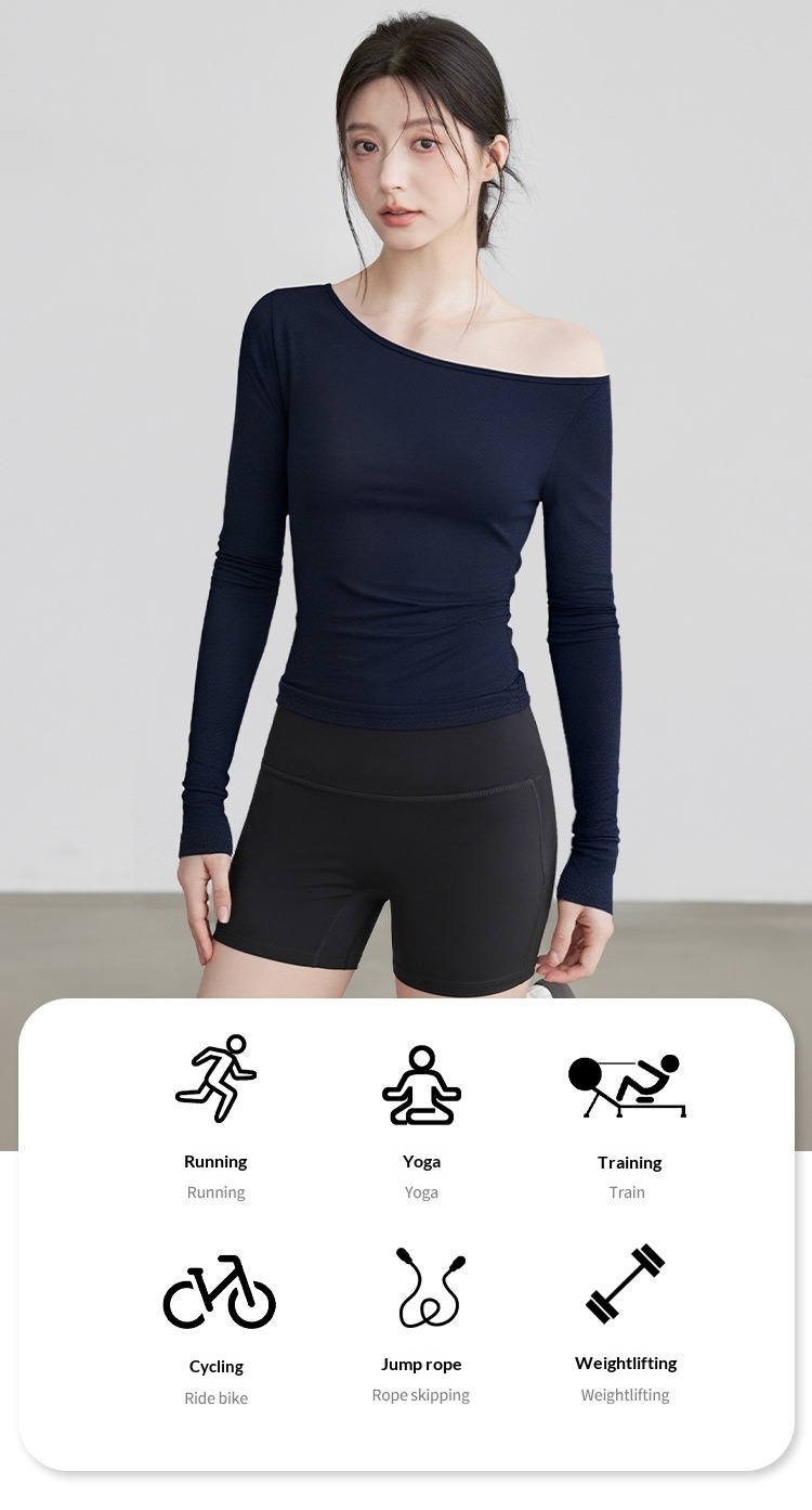 Nieuwe yogakleding voor dames: T-shirt met lange mouwen, schuine kraag, off-shoulder top, afslankende bodysuit, sporttraining_voghion.com