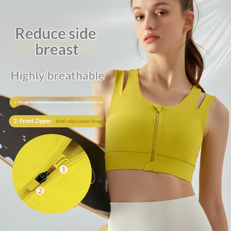 Front Zipper Sports Bra For Women, Two-Piece, Double Shoulder Straps, Integrated Chest Pad, Side Breast Collection,_voghion.com