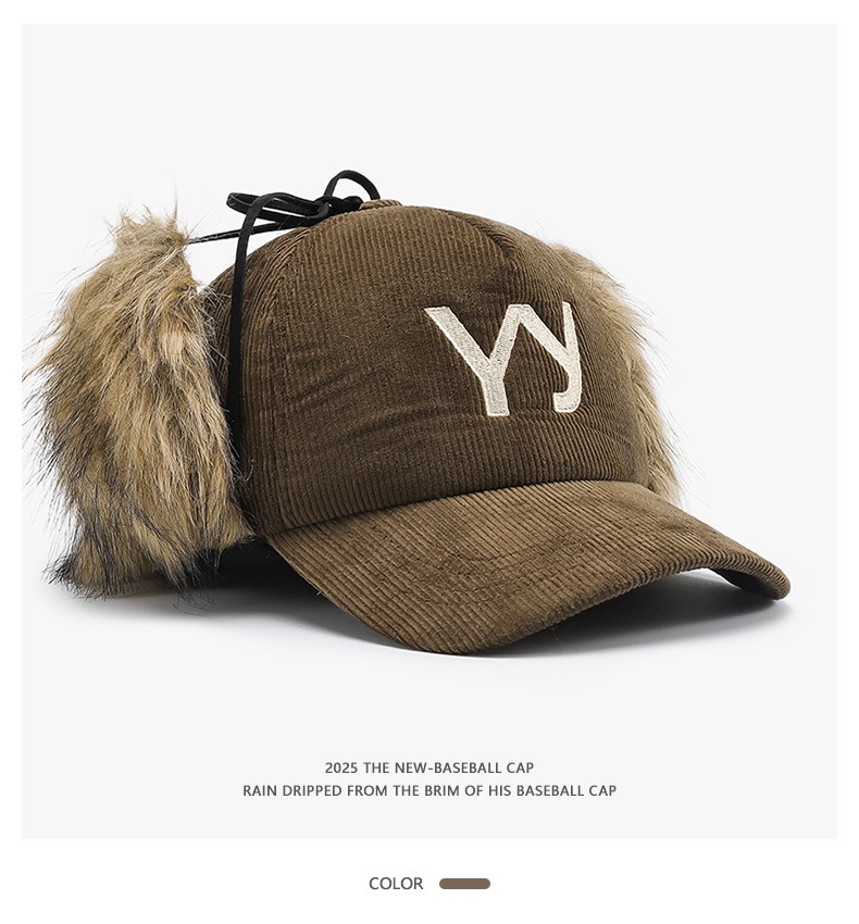 Warm Ear Protection Baseball Cap With Corduroy And Embroidery_voghion.com