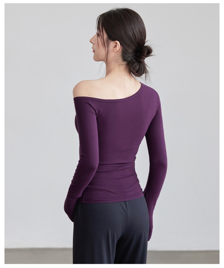 Nuova maglietta a maniche lunghe da yoga per donna, modello autunnale con colletto obliquo, top a spalle scoperte, snellente e monopezzo._voghion.com